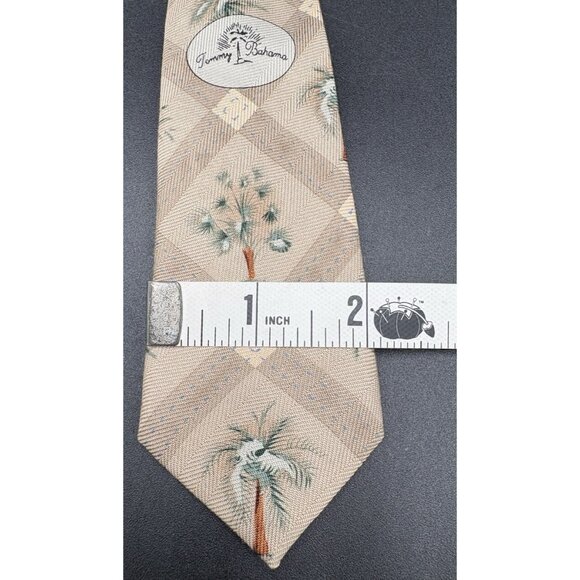 TOMMY BAHAMA Tie Men's 100% Silk Brown Green Strips Palm Trees Windy GUC - Picture 9 of 9